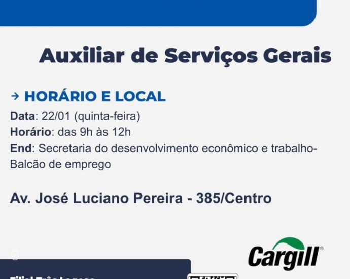 AUXILIAR DE SERVIÇOS GERAIS: OPORTUNIDADE EM CASTILHO AUXILIAR DE SERVIÇOS GERAIS: OPORTUNIDADE EM CASTILHO