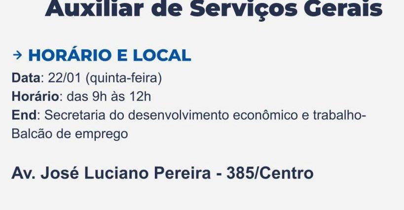 AUXILIAR DE SERVIÇOS GERAIS: OPORTUNIDADE EM CASTILHO AUXILIAR DE SERVIÇOS GERAIS: OPORTUNIDADE EM CASTILHO