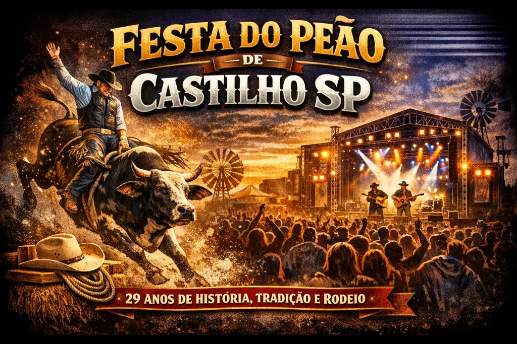 FESTA DO PEÃO DE CASTILHO SP: 29 ANOS DE HISTÓRIA, TRADIÇÃO E RODEIO Arena da Festa do Peão de Castilho SP lotada durante show sertanejo noturno com público vibrante.