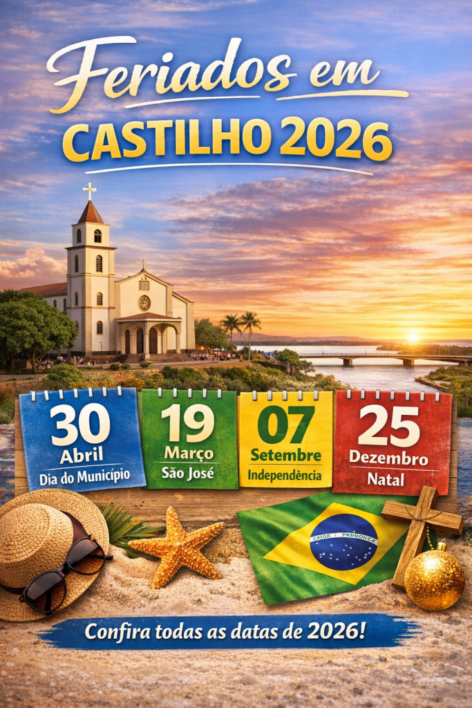 FERIADOS EM CASTILHO 2026: 14 DATAS + GUIA RÁPIDO Imagem ilustrativa dos feriados em Castilho 2026, com destaque para datas municipais, nacionais e calendário anual da cidade.