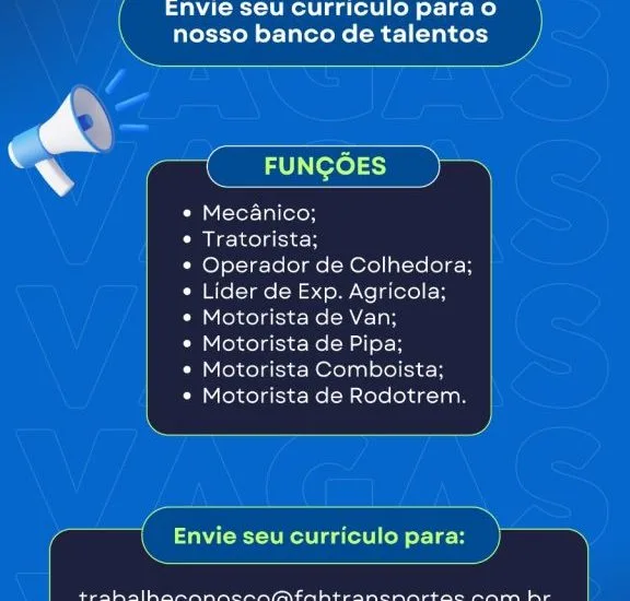 FGH TRANSPORTES OFERECE OPORTUNIDADES DE EMPREGO EM CASTILHO