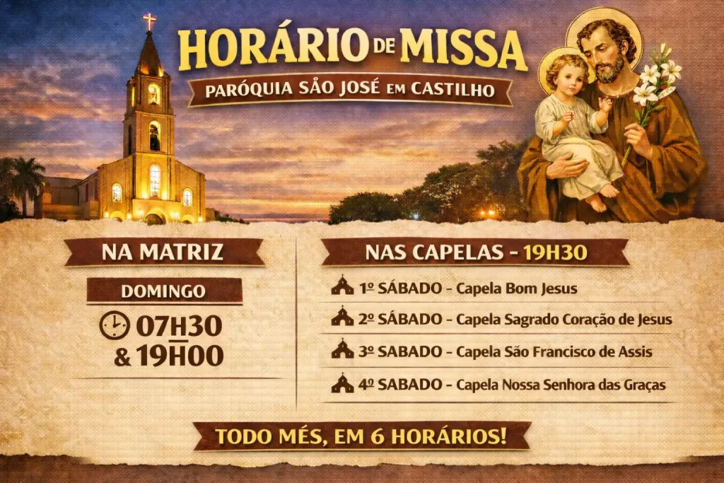 HORÁRIO DE MISSA PARÓQUIA SÃO JOSÉ: CONFIRA OS 6 HORÁRIOS EM CASTILHO