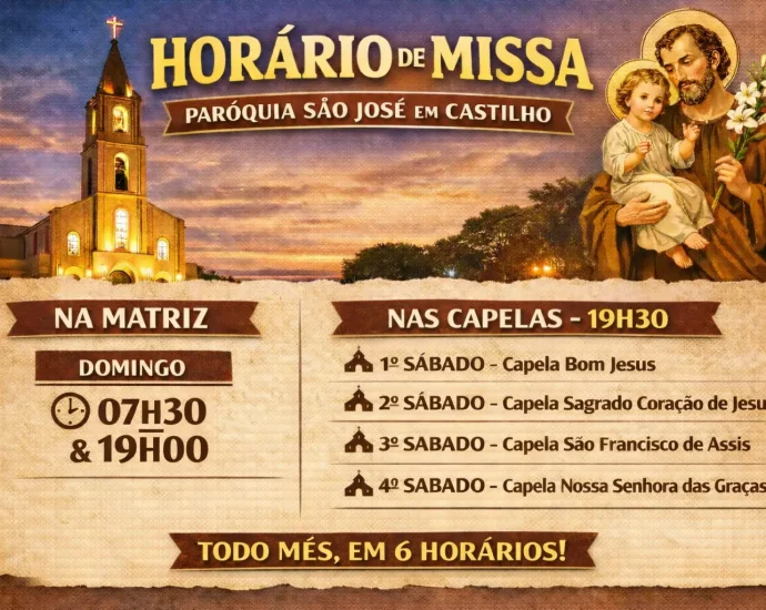 HORÁRIO DE MISSA PARÓQUIA SÃO JOSÉ: CONFIRA OS 6 HORÁRIOS EM CASTILHO