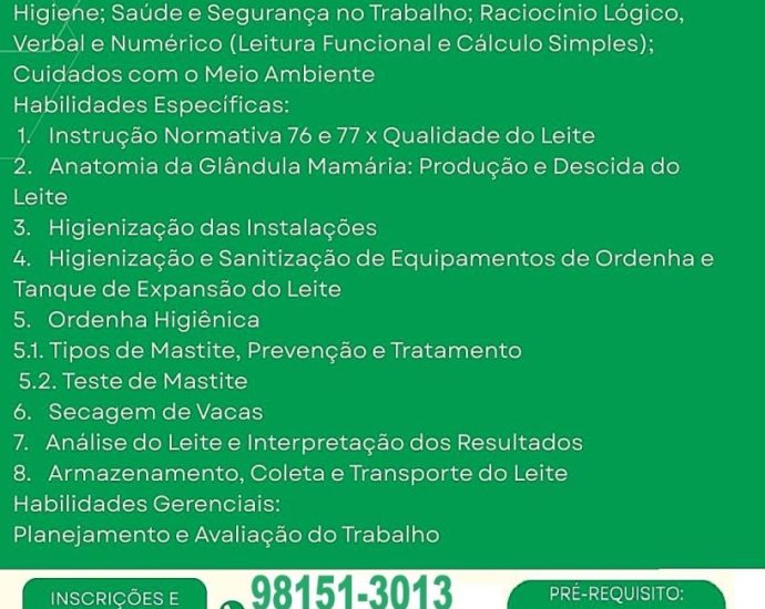 QUALIDADE DO LEITE: SEAPE Abre Inscrições para Curso Gratuito