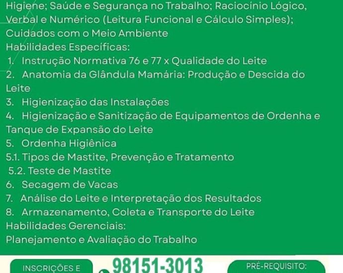 QUALIDADE DO LEITE: SEAPE Abre Inscrições para Curso Gratuito