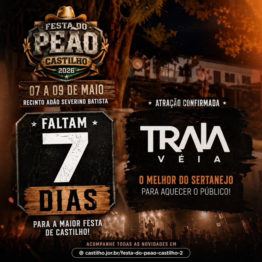 Faltam 7 dias para a Festa do Peão em Castilho 2026 e Traia Véia entra na programação musical Faltam 7 dias para a Festa do Peão em Castilho 2026 e Traia Véia entra na programação musical