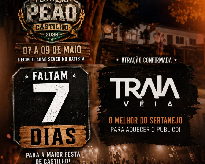 Faltam 7 dias para a Festa do Peão em Castilho 2026 e Traia Véia entra na programação musical
