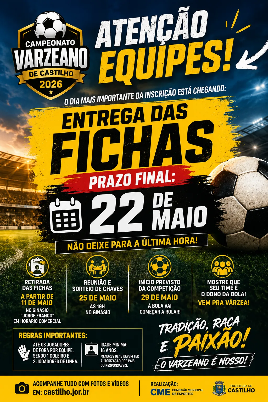 Campeonato Varzeano de Castilho 2026 entra na reta final das inscrições e prazo para entrega das fichas termina no dia 22 de maio.