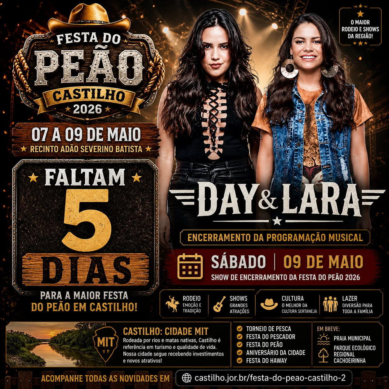 Faltam 5 dias para a Festa do Peão em Castilho 2026 e Day & Lara encerram programação musical