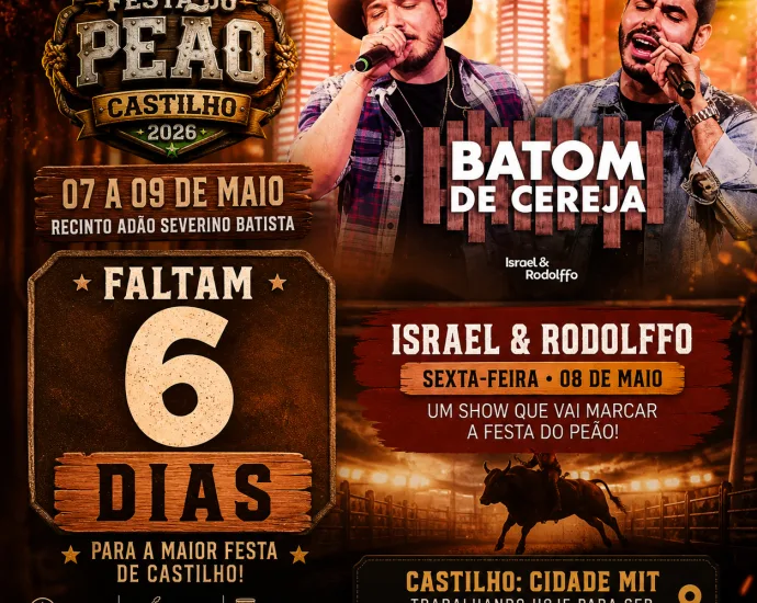 Faltam 6 dias para a Festa do Peão em Castilho 2026 e show de Israel & Rodolffo ganha destaque na programação
