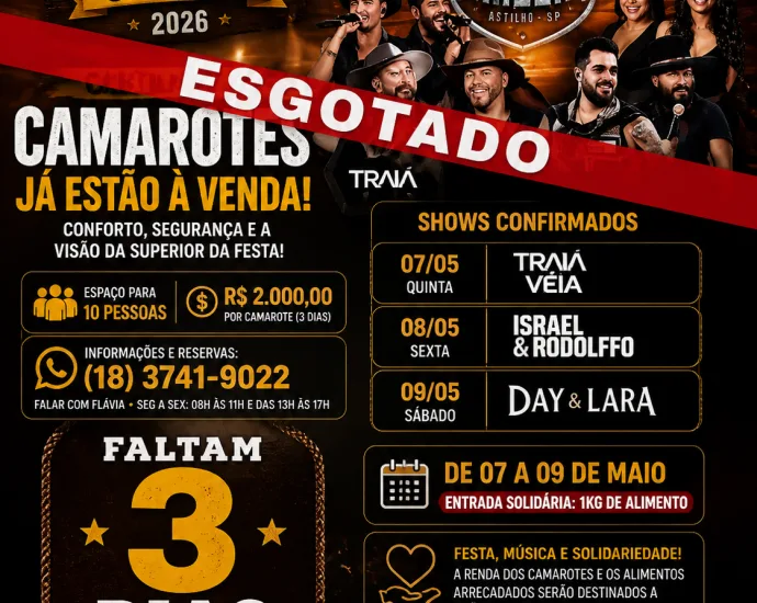 Faltam 3 dias para a Festa do Peão em Castilho 2026 e camarotes esgotados indicam alta procura