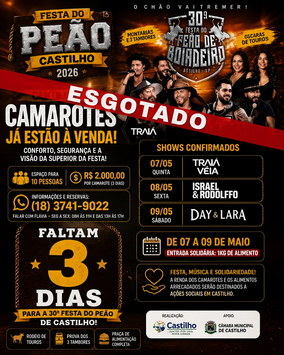 Faltam 3 dias para a Festa do Peão em Castilho 2026 e camarotes esgotados indicam alta procura