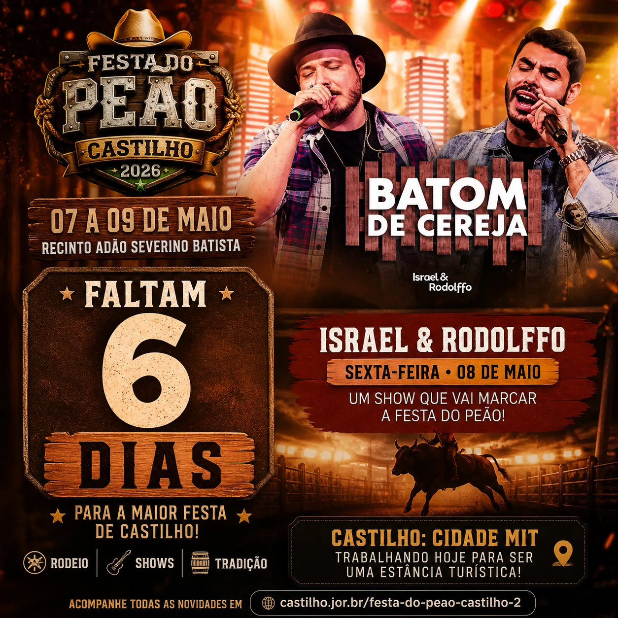 Faltam 6 dias para a Festa do Peão em Castilho 2026 e show de Israel & Rodolffo ganha destaque na programação