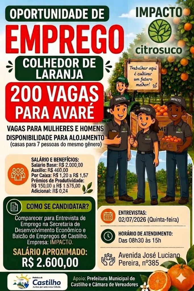 Castilho Oferece 200 Vagas para Colhedor de Laranja