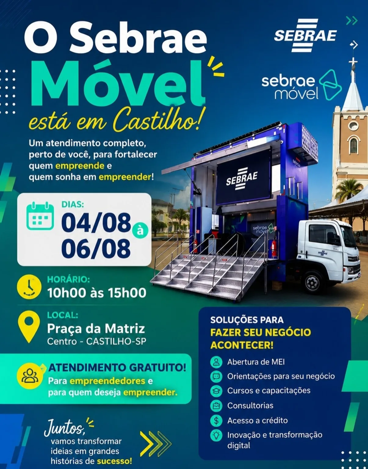 Sebrae em Castilho oferece atendimento gratuito de 4 a 6 de agosto