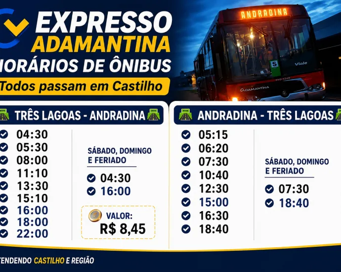 Horários de ônibus da Expresso Adamantina em Castilho: confira as linhas entre Três Lagoas e Andradina