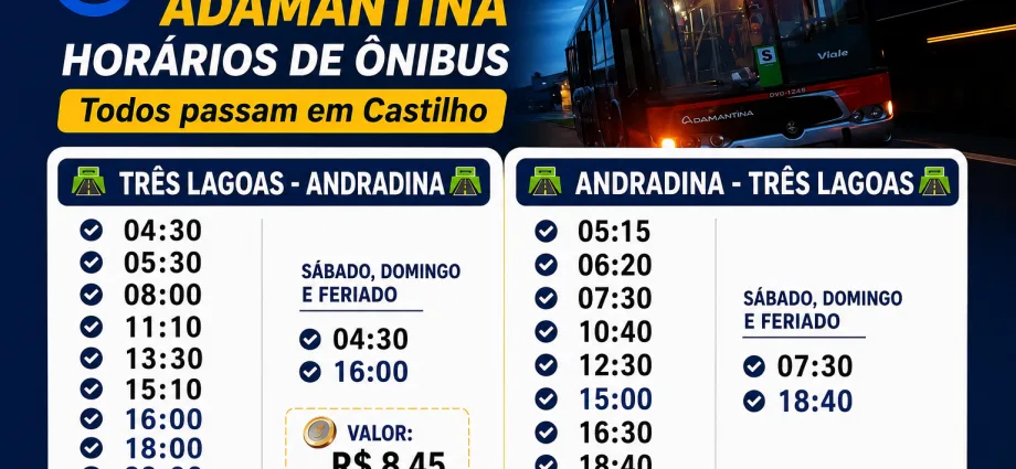 Horários de ônibus da Expresso Adamantina em Castilho: confira as linhas entre Três Lagoas e Andradina Horários de ônibus da Expresso Adamantina em Castilho: confira as linhas entre Três Lagoas e Andradina