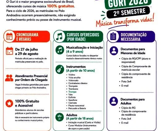 Projeto Guri abre matrículas gratuitas em Andradina nesta