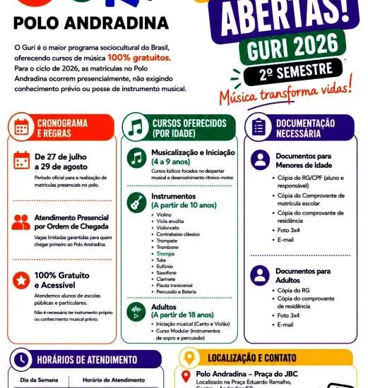 Projeto Guri abre matrículas gratuitas em Andradina nesta