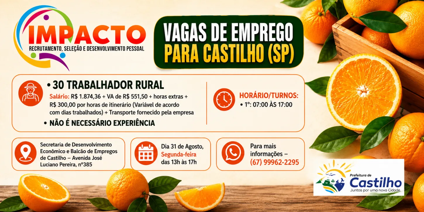 Cutrale abre 30 vagas de emprego em Castilho com entrevistas no dia 31 de agosto