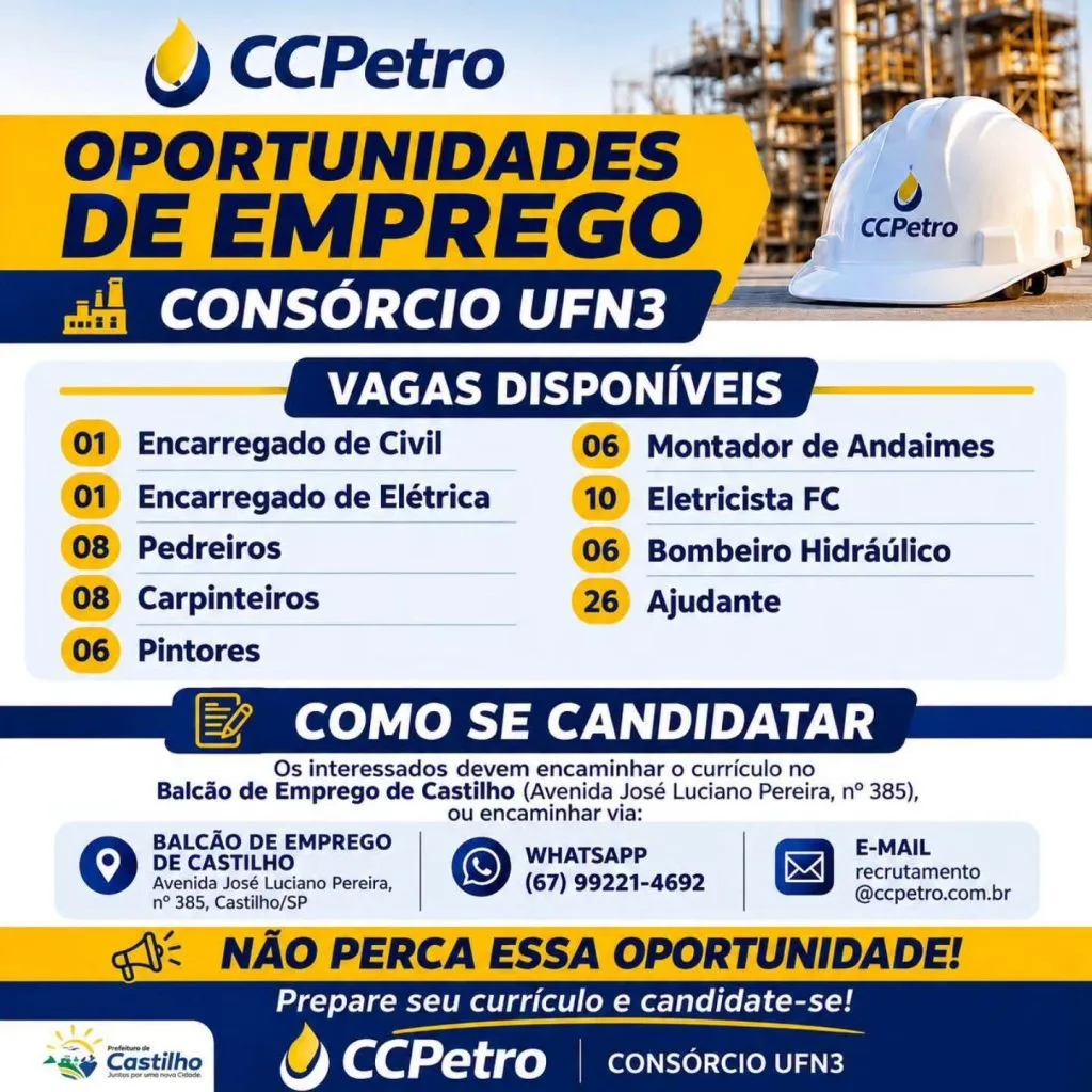 Vagas de emprego disponíveis em Três Lagoas para a UFN-3