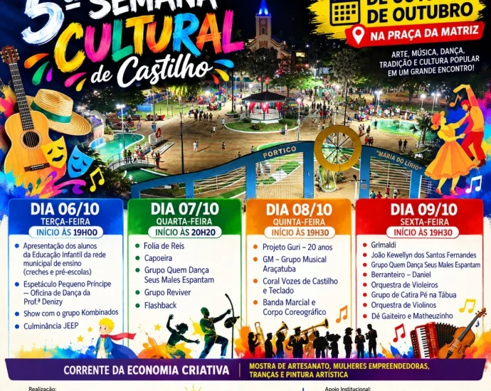 5ª Semana Cultural de Castilho 2026 terá quatro noites gratuitas