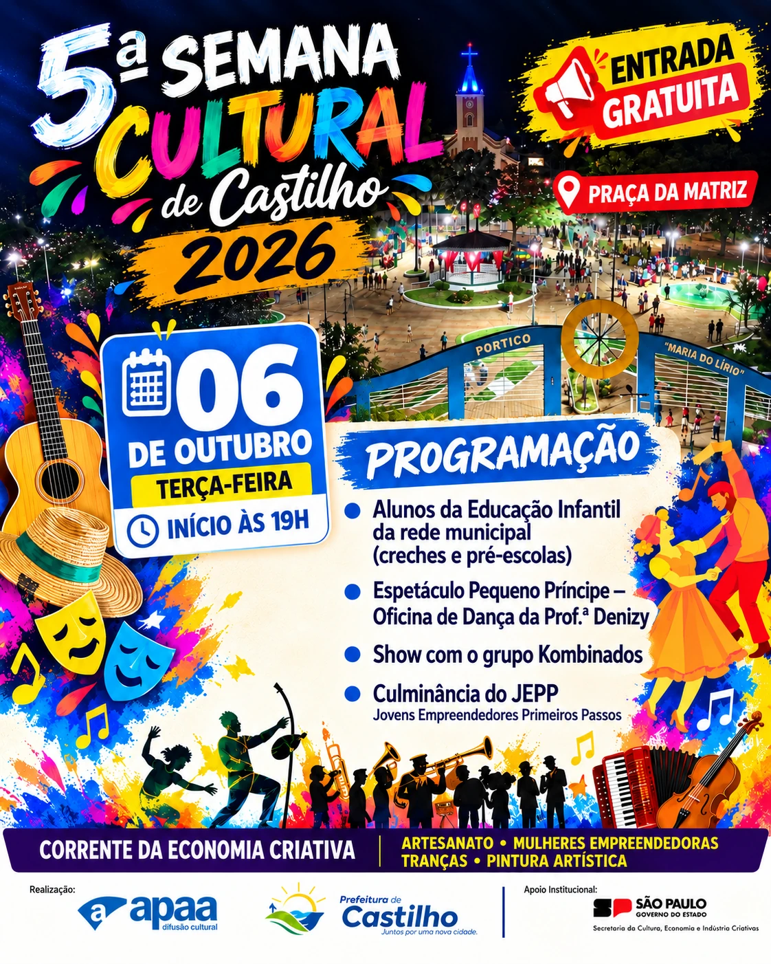 5ª Semana Cultural de Castilho 2026 terá quatro noites gratuitas