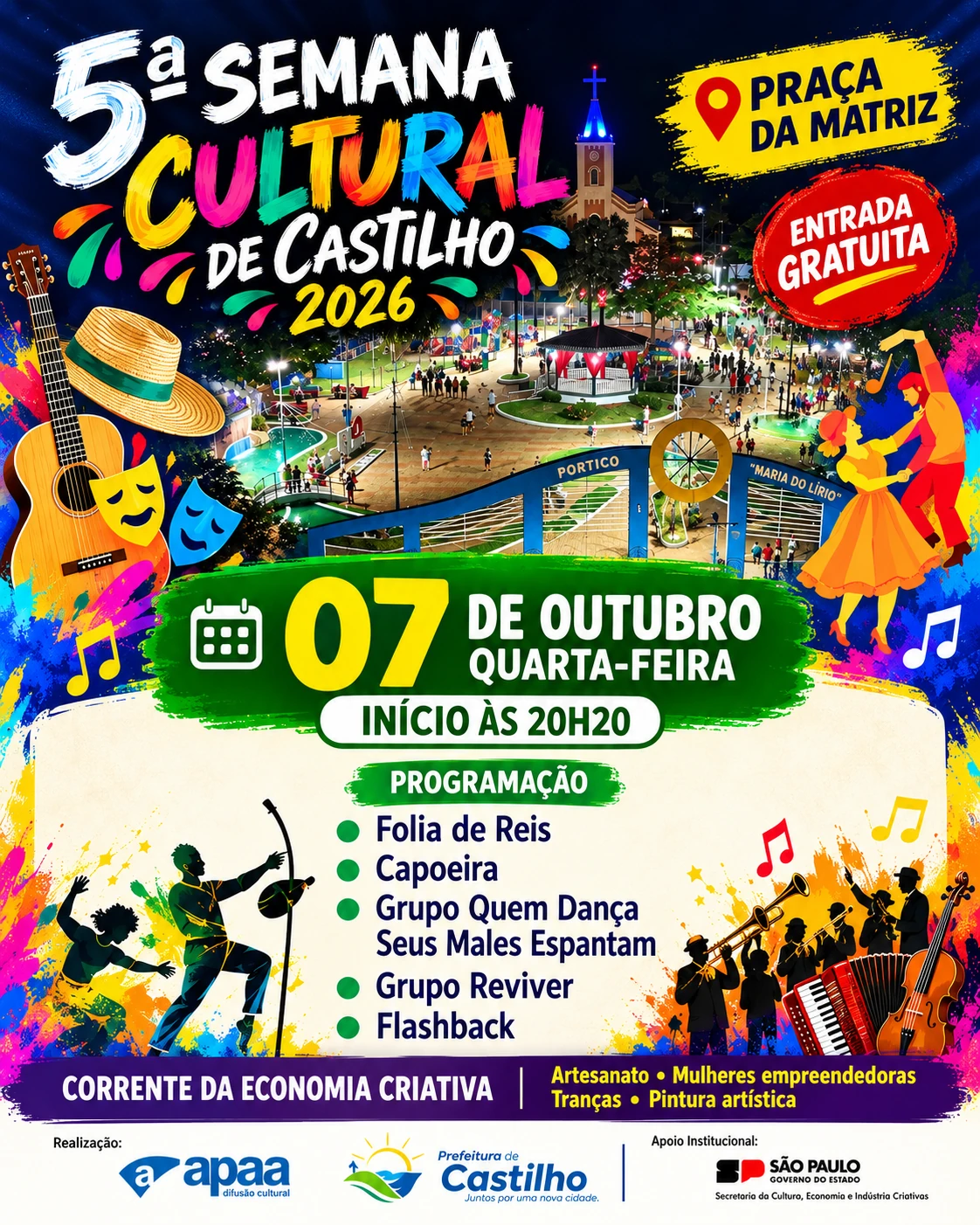 5ª Semana Cultural de Castilho 2026 terá quatro noites gratuitas