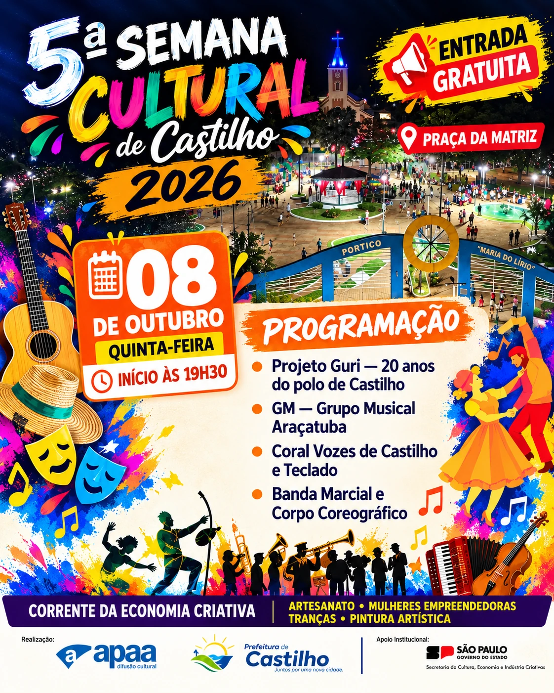 5ª Semana Cultural de Castilho 2026 terá quatro noites gratuitas
