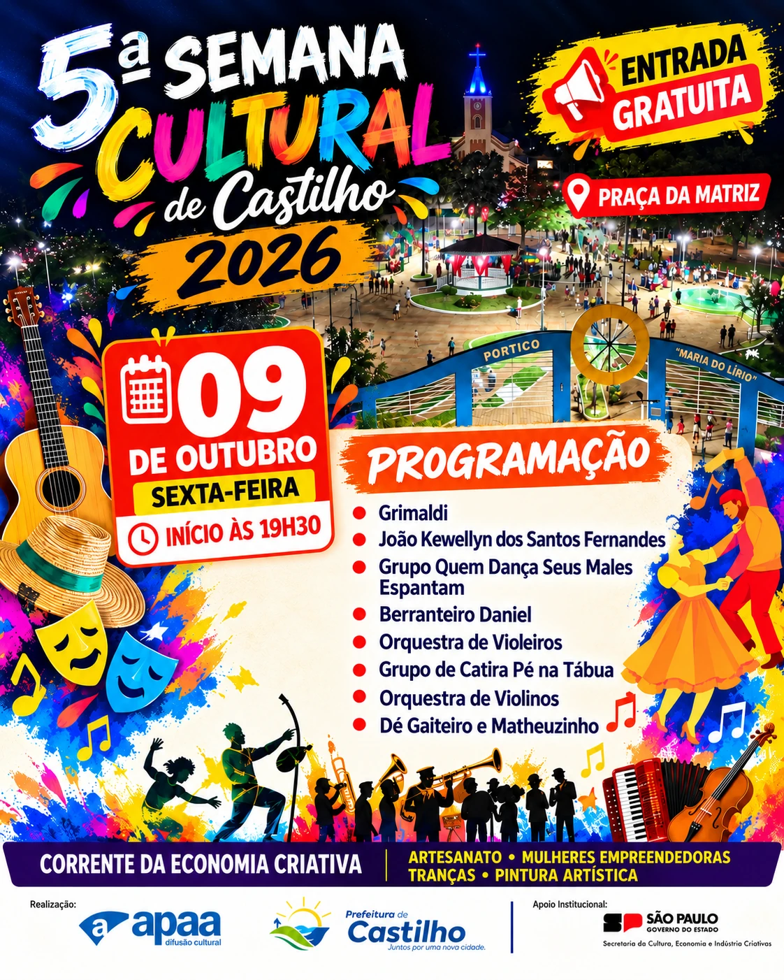 5ª Semana Cultural de Castilho 2026 terá quatro noites gratuitas