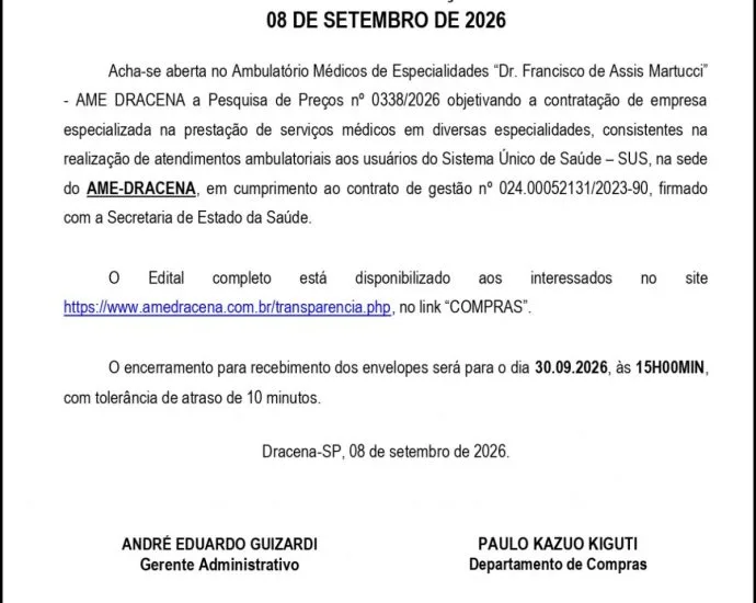 Edital de Pesquisa de Preços Nº 0338/2026 Publicado em Andradina Edital de Pesquisa de Preços Nº 0338/2026 Publicado em Andradina