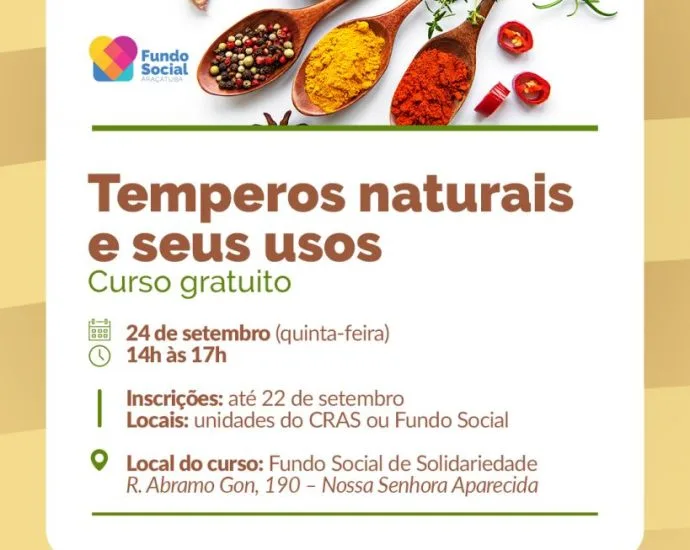 Inscrições abertas para curso gratuito de temperos naturais em Araçatuba