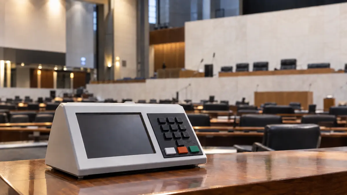 Urna eletrônica em plenário legislativo representa a votação para deputado estadual