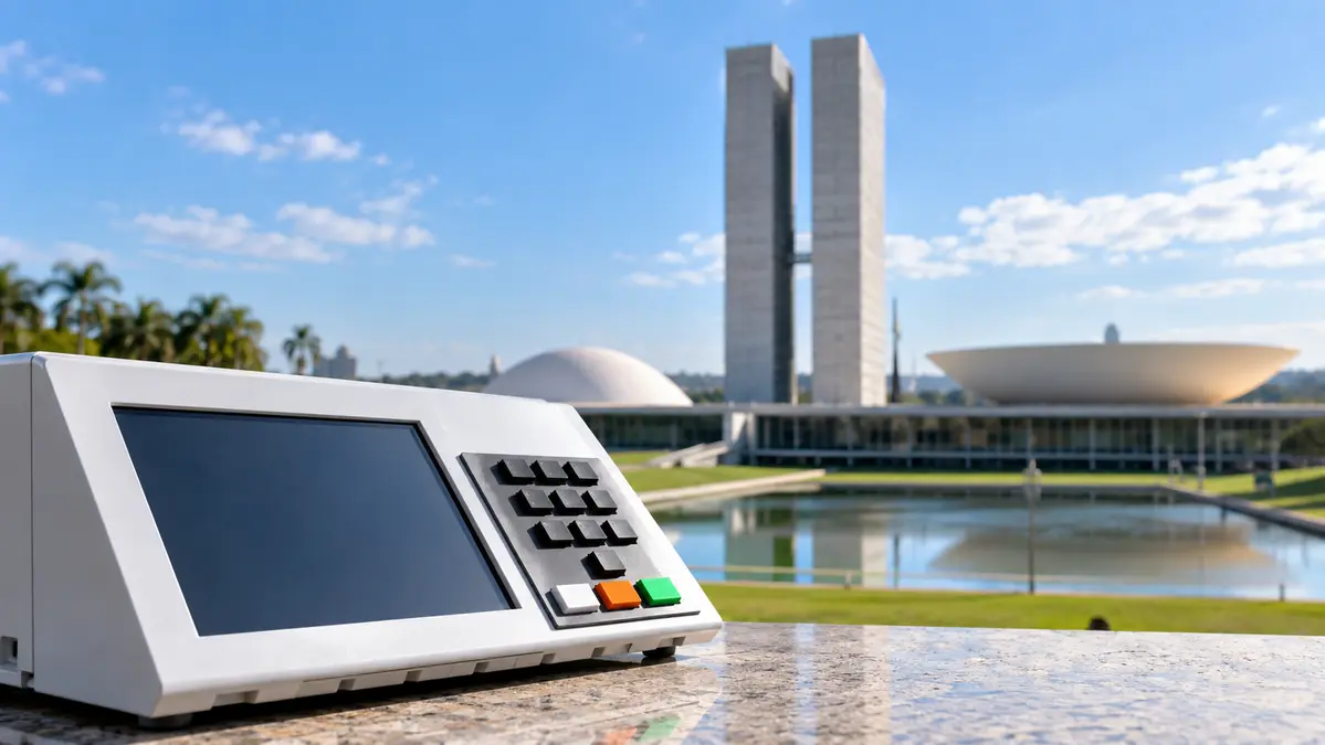 Urna eletrônica diante do Congresso Nacional representa a votação para deputado federal