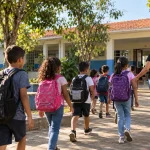 Ilustração de estudantes chegando a uma escola para representar a educação integral em Castilho