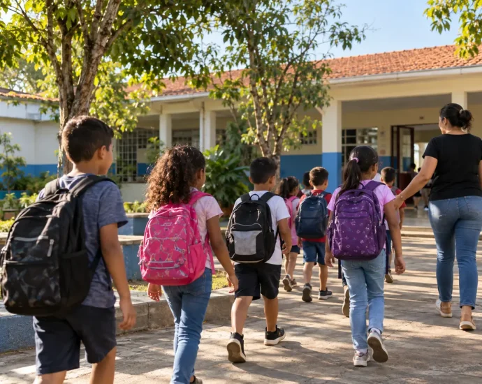 Ilustração de estudantes chegando a uma escola para representar a educação integral em Castilho