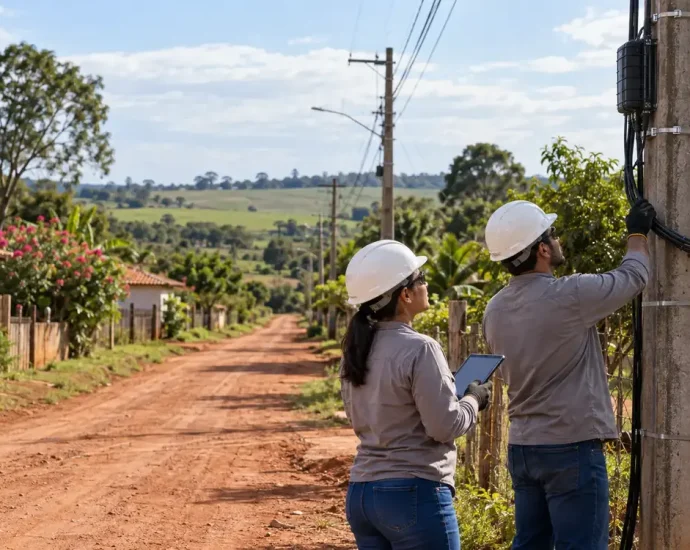 Técnicos trabalham na instalação de fibra óptica em área rural de Castilho; imagem ilustrativa