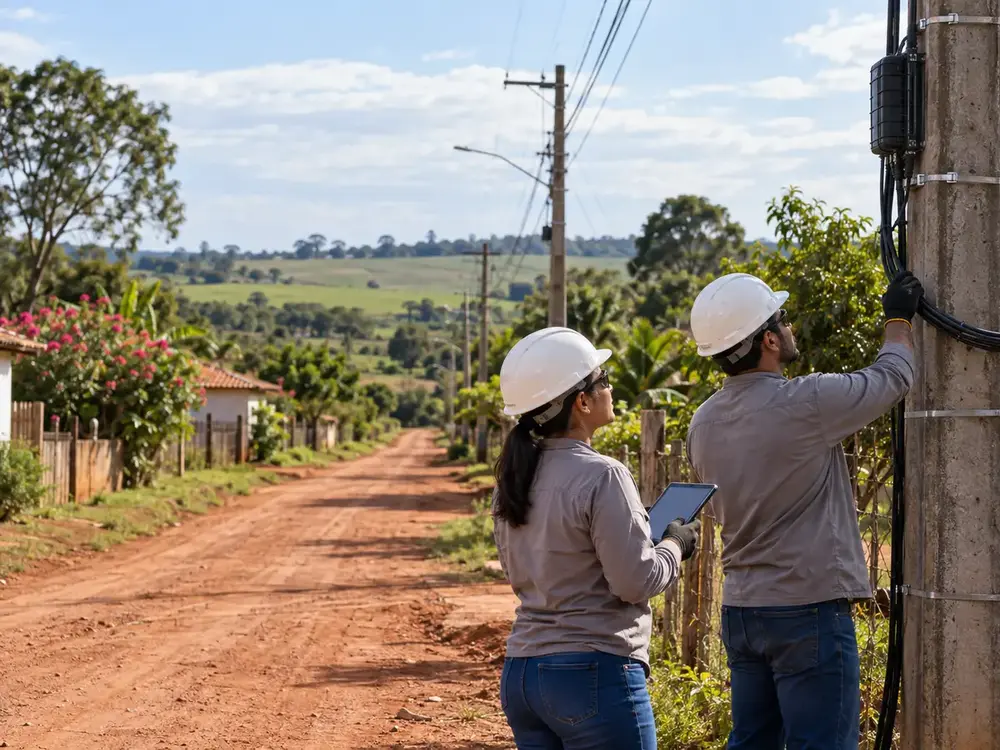 Técnicos trabalham na instalação de fibra óptica em área rural de Castilho; imagem ilustrativa